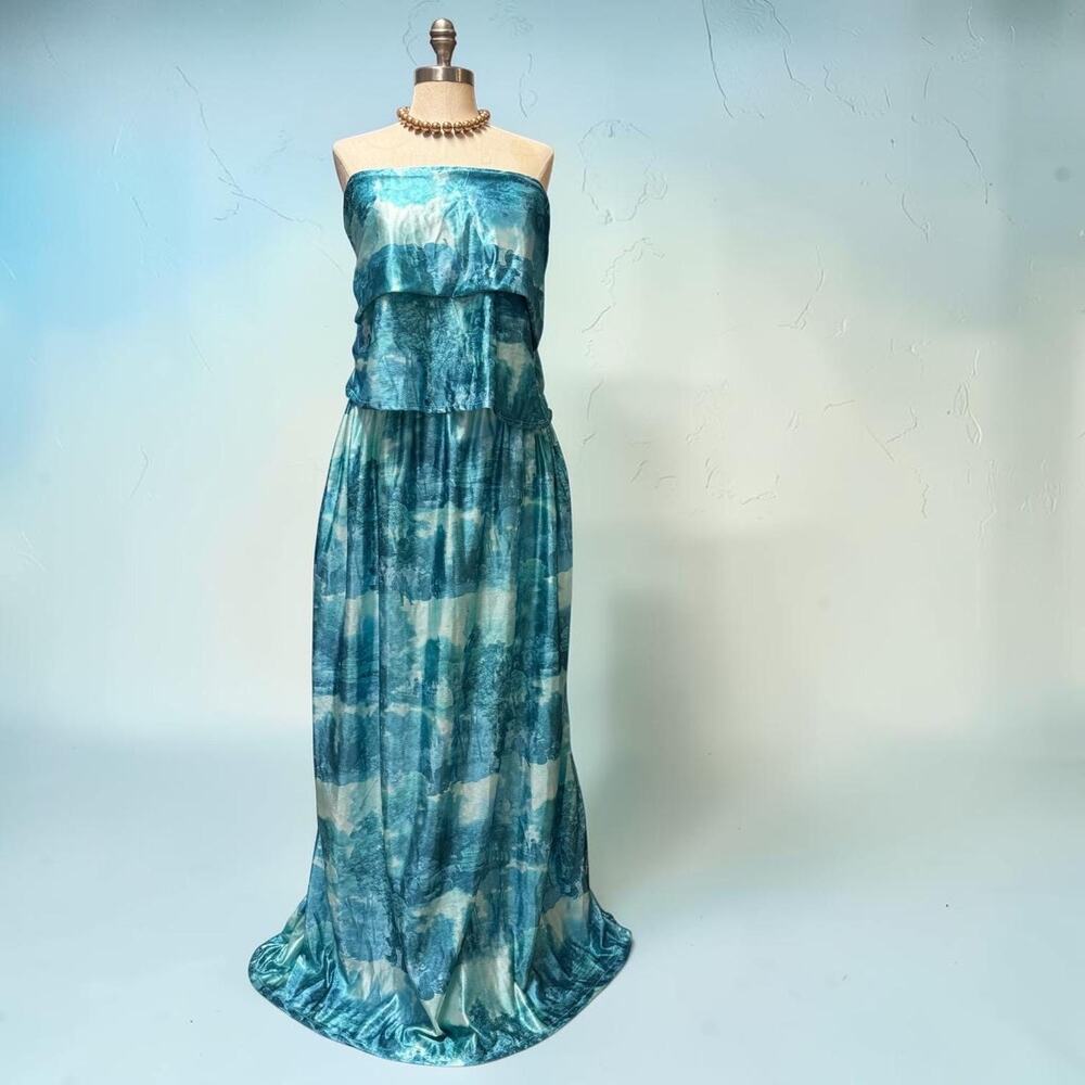 Handmade Teal Turquoise Satin Maxi Set Strapless Top Flowing Skirt Size 2X